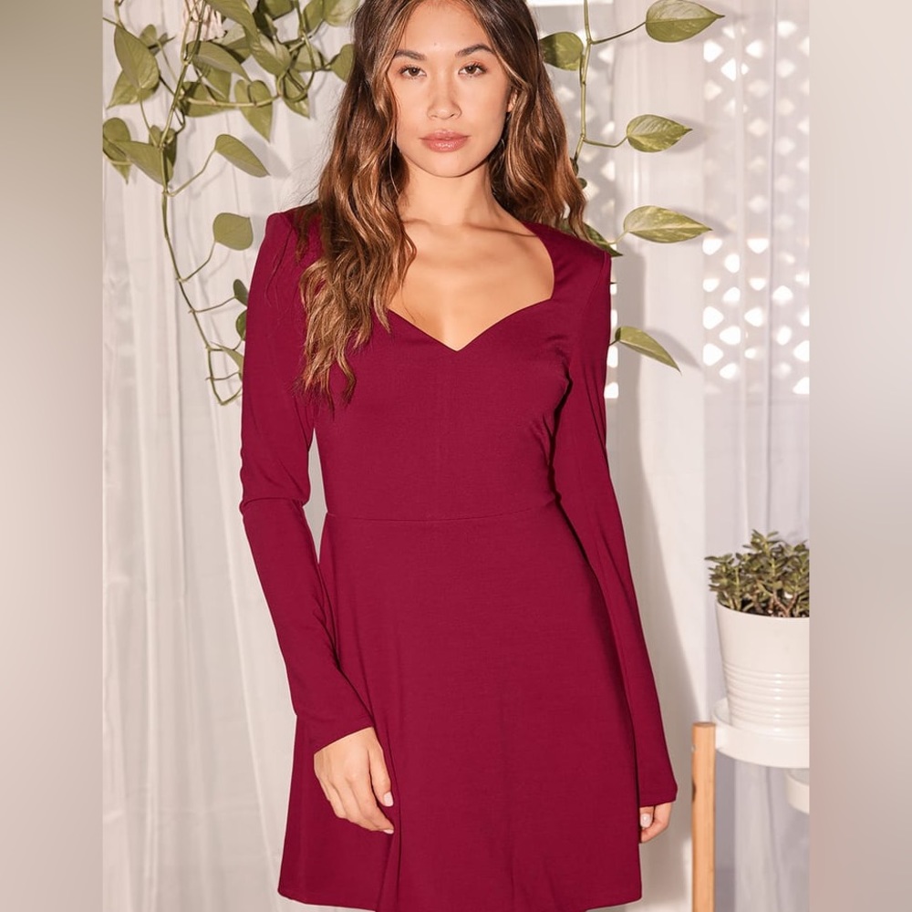 Lulu’s Desires of the Heart Wine Red Long Sleeve Skater Dress